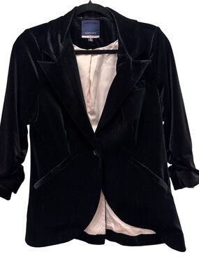 ModCloth Black Velvet Ruched One Button Blazer Jacket Sleeve Size M